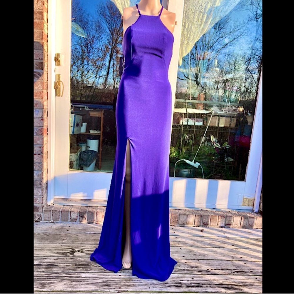 La Femme Purple Halter Neck Glam Formal Prom Dress